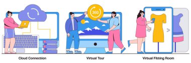 Bulut bağlantısı, sanal tur, insan karakterli sanal oda konsepti. Çevrimiçi veri transferi ve sanal deneyim vektör illüstrasyonu seti. İnternet bağlantısı, web 3d tur metaforu.