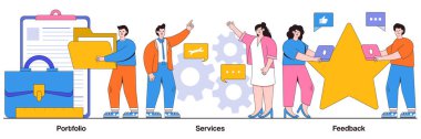 Portföy, hizmetler, insan karakteriyle ilgili geri bildirim konsepti. Aday CV, iş arama soyut vektör illüstrasyon seti. Müşteri değerlendirmesi, çalışan mecazı devam ettir.