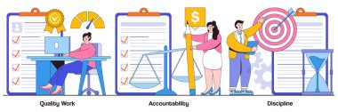 Kaliteli iş, sorumluluk, insan karakteriyle disiplin kavramı. Görev ve proje yönetimi soyut vektör illüstrasyonu seti. Liderlik, kariyer hedefleri ve bakış açıları metaforu.