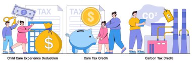 Çocuk bakımı deneyimi indirimi, bakım vergisi kredisi, insan karakterli karbon vergi kredisi kavramı. Vergi indirimi ve soyut vektör illüstrasyon paketi. Gelir sübvansiyonları mecazı.