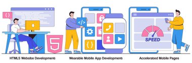 HTML5 web sitesi geliştirme, giyilebilir mobil uygulama, insan karakterleri ile hızlandırılmış mobil sayfa kavramı. Yazılım ve ön yüz geliştirme vektör çizim paketi. Tepkili iniş tasarımı metaforu.