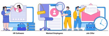 İnsan kaynakları yazılımı, aranan çalışanlar, insan karakterli iş teklifleri. İşe alım ajansı soyut illüstrasyon paketi. İnsan kaynakları yönetimi, personel alımı, iş sözleşmesi metaforu.