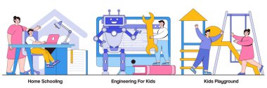 Evde eğitim, çocuklar için mühendislik, insanlarla oyun alanı kavramı. Çocuk eğitim ve eğlence vektör illüstrasyon paketi. Eğlence ve öğrenme metaforu.