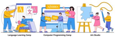 Dil öğrenme ve bilgisayar programlama kampı, insan karakterli sanat stüdyosu konsepti. Bilgi ve beceri vektör çizim paketi kazan. Konuşma yabancı, küber eğitim kursu metaforu öğren.