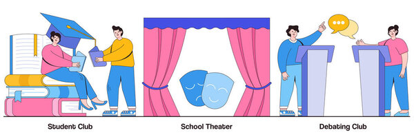 Student club, school theater, debating competition concept with people characters. After-school activity illustration pack. Public speaking, drama class, college campus event, communication metaphor.