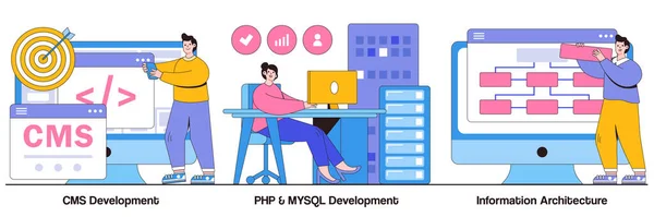 Desarrollo Cms Php Mysql Concepto Arquitectura Información Con Personajes Personas — Vector de stock