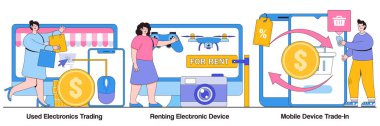 Elektronik ticaret, elektronik cihazlar kiralama, insan karakterleriyle mobil cihaz ticareti. Elektronik pazarlama illüstrasyon paketi. Eski taşınabilir aletler metafor satar ve satın alır..