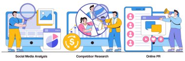 Sosyal medya analizleri, rakip araştırmalar, insan karakterleriyle online halkla ilişkiler kavramları. Ürün reklam stratejisi geliştirme vektör illüstrasyon paketi. SMM analizleri, izleyici segmentasyon metaforu.