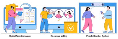 Dijital dönüşüm, elektronik oylama, insanlar sistem kavramlarını insan karakterleriyle karşı karşıya getiriyor. Dijital illüstrasyon paketi. Kağıtsız iş akışı çözümleri, e-oylama, insanları tespit etme metaforu.