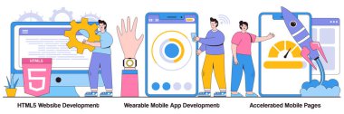 HTML5 web sitesi geliştirme, giyilebilir mobil uygulama, insan karakterli hızlandırılmış mobil sayfa kavramları. Yazılım ve ön yüz geliştirme çizim paketi. Tepkili iniş tasarımı metaforu.