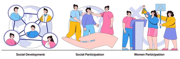 社会開発と参加 女性は人のキャラクターで概念に参加します 行動ベクトルイラストパックの規範 社会的関与共同体への関与社会的グループの隠喩 — ストックベクタ