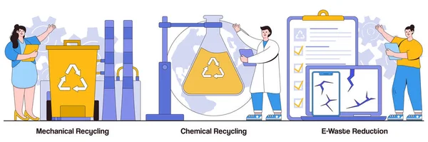 Reciclaje Mecánico Químico Conceptos Reducción Residuos Electrónicos Con Caracteres Personas — Vector de stock