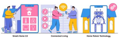 Akıllı ev 2.0, bağlı yaşayan, insan karakterli ev robotu teknolojisi kavramları. Şehir ve ev kavramsal zekaya sahip, şeylerin interneti, yenilikçi teknoloji vektör illüstrasyon paketi.
