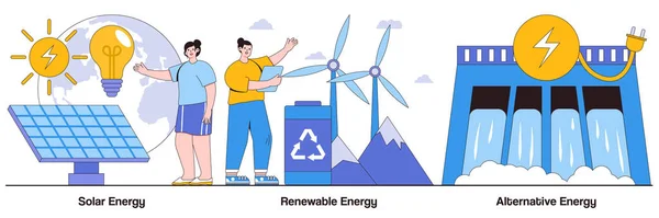 Solarenergie Erneuerbare Energien Alternative Energiekonzepte Mit Menschlichen Charakteren Umweltfreundliche Innovationen — Stockvektor