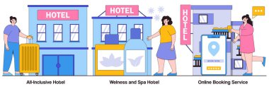 Her şeyi kapsayan otel, sağlık ve spa oteli, insan karakterli online rezervasyon hizmetleri konseptleri. Konukseverlik sektörü soyut vektör illüstrasyon paketi.