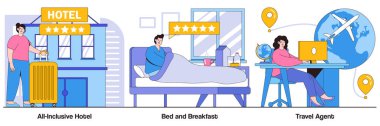 Her şeyi kapsayan otel, yatak ve kahvaltı, seyahat acentesinde insan karakterleri. Lüks konukseverlik merkezi soyut vektör illüstrasyon paketi. Tatil paketi, servis metaforu dahil.