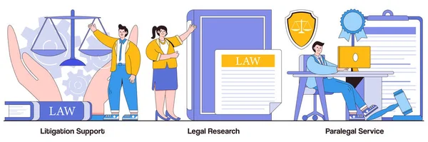 Apoyo Litigios Investigación Legal Conceptos Servicios Paralegal Con Personajes Personas — Archivo Imágenes Vectoriales