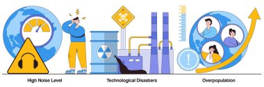 Yüksek gürültü seviyesi, teknolojik felaketler, insan karakterli aşırı nüfus kavramları. İnsan faktöründen kaynaklanan çevresel sorunlar, soyut vektör çizimleri üzerinde olumsuz etki.