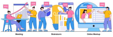 Buluşma, beyin fırtınası ve insan karakterleriyle online buluşma kavramları. Takım iletişim illüstrasyonları. Şirket sunumu, yaratıcı fikirler ve çözümler, takım çalışması, konferans çağrısı metaforu.
