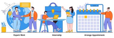 Uzman işi, staj, insanlarla randevu ayarlamak. Uluslararası istihdam vektörü çizimleri paketi. İş başvurusu, mesleki büyüme, iş yeri, öğrenci eğitim metaforu.