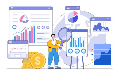 Finansal rapor, yatırım verileri, satış bilgileri, iş analizleri, hesaplamalar, piyasa genişleme kavramları için çalışmalar. İş adamı, grafikleri ve grafikleri büyüteçle analiz ediyor..