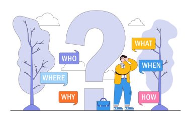 5W1H asking questions to find solution, thinking process or a business study to generate a new idea concepts. Confused businessman on large question mark with who what where when why and how. clipart