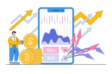 Bitcoin ya da kripto para birimi yatırım portföyü, alım-satım, kripto piyasa değeri kavramları. İşadamı yatırımcı veya tüccar cep telefonu uygulaması kullanarak bitcoin veya diğer para birimlerini alıp satıyor.