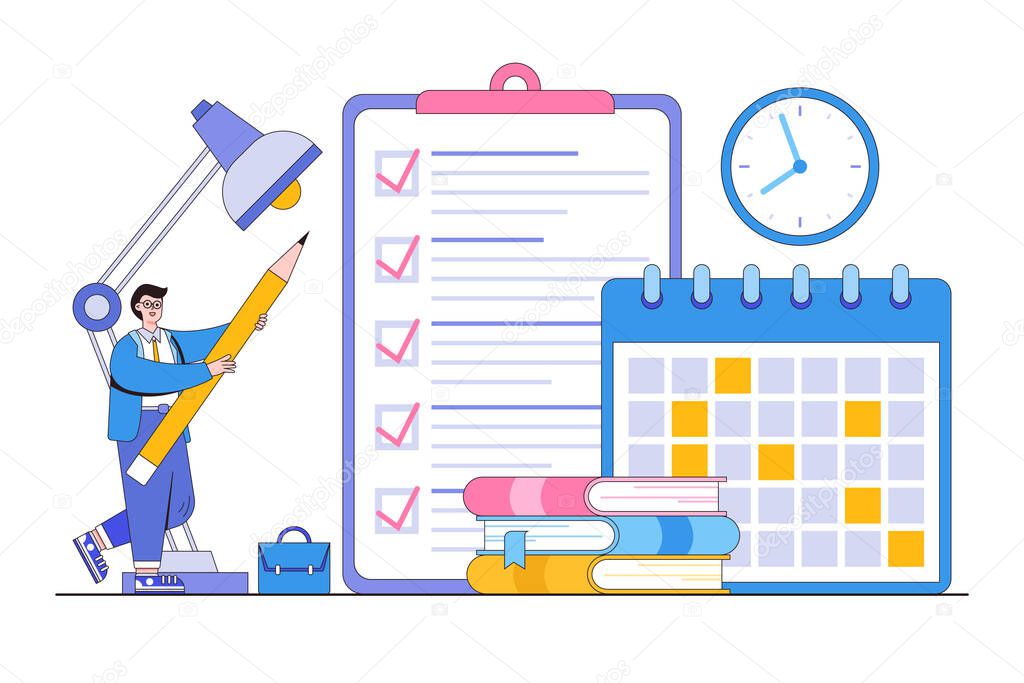 Project tracking, time management, goal tracker, task completion, or checklist to remember project progress concepts. Businessman put marks into check boxes and filling checklist on huge clipboard.