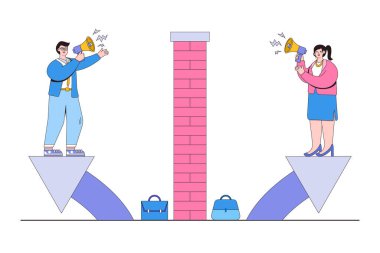 Bad communication, misunderstanding, and miscommunication of information create confusion at work concepts. Businessman and businesswoman shouting each other with megaphone separated by wall.