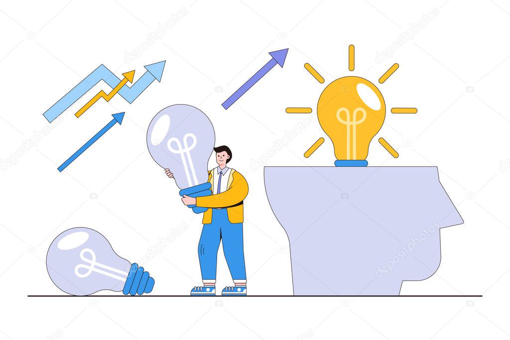 Improvement and adaptability to a new normal, business transformation, change management, or transitioning to better innovative organization concepts. Businessman turns from old to new lightbulb idea.