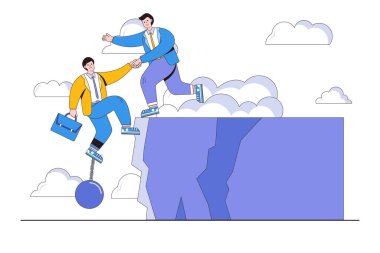 İş birliği, işbirliği, ortaklık ve anlaşmayla birlikte iş dünyasının başarısı, birlikte ya da takım çalışması kavramları desteklemektedir. İş adamı, uçurumun kenarında demir topla zincirlenmiş bir ortağa yardım eder..