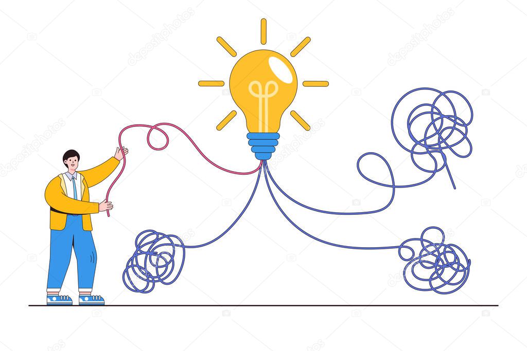 Simplify idea to find solution, thought process or creativity to solve issue, discover easy way to understand concepts. Smart businessman solving from mess chaos line to simple lightbulb idea.