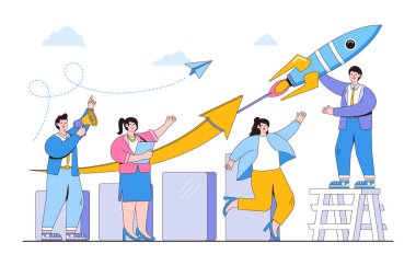 Company growth strategy, collaboration or teamwork to increase revenue, and improvement plan for business success concepts. Businesspeople team working and help to improve bar graph using big rocket.