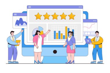 Online reputation management, analyze feedback, strategy to increase satisfaction and gain customer trust concepts. Marketing team monitoring stars rating to develop and improve brand positive rank.