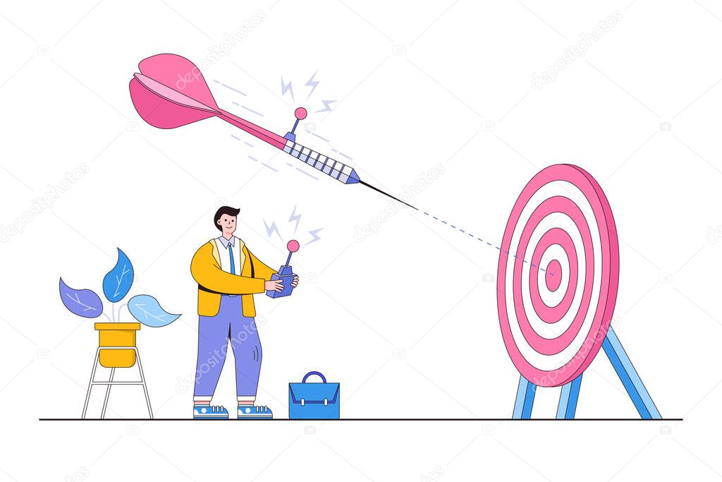 Smart setting goals, achieve objective target, mission complete or competing in challenge to grow successful business concepts.Businessman using remote control to make dart lead to big dartboard.