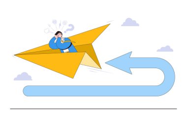 Business turning point, financial trend change, and break event concepts. Frustrated businessman investor fly using paper airplane at his reverse direction pathway with direction arrow backward.