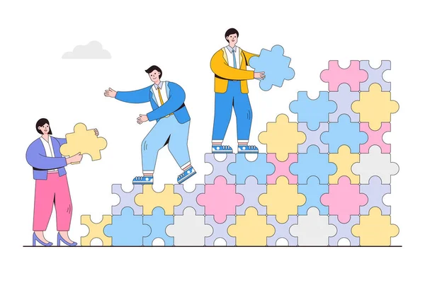Collaboration or cooperation business, teamwork to solve problem and partnership to achieve success concepts. Businesspeople working together to create ladder using puzzle pieces to reach target.