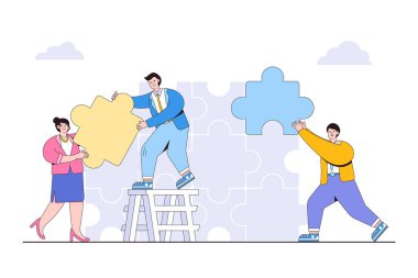 Business teamwork or collaboration, project management, search for creativity of solutions, group of people working together, brainstorming concepts. Businesspeople connecting pieces of jigsaw puzzle.