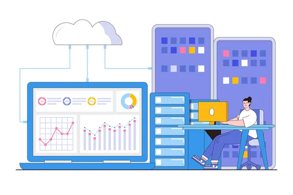 Flat Business Technologie Cloud Server Analyse Data Concept Overzicht Ontwerp — Stockvector