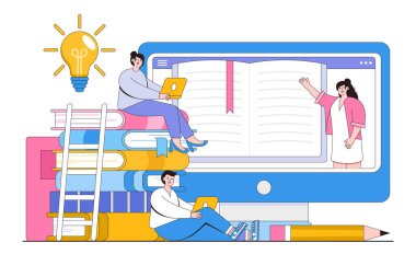 Düz online eğitim ya da bilgisayar konsepti ve kitap yığınıyla iş eğitimi. Tasarım biçimi asgari vektör çizimi.