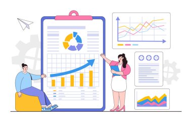 İş finansmanı yatırım konsepti için sabit istatistiksel ve veri analizi. Tasarım biçimi asgari vektör çizimi.