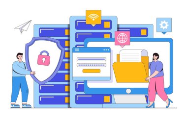 Ev sahipliği, veri koruması, veri merkezi, bulut hesaplama konsepti. Tasarım biçimi asgari vektör çizimi.