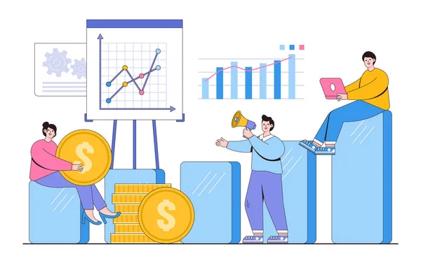 金融投資の概念のためのフラット統計分析とデータ分析ビジネスグラフ アウトラインデザインスタイル最小ベクトルイラスト — ストックベクタ