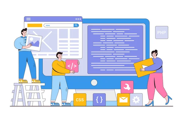 Tasarımcı Geliştirici Takım Kavramına Sahip Düz Web Mobil Uygulama Tasarım — Stok Vektör