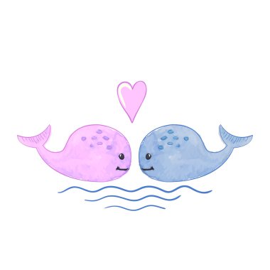 sevimli çizgi balina kalp ve dalgalar ile suluboya çizimi. vektör