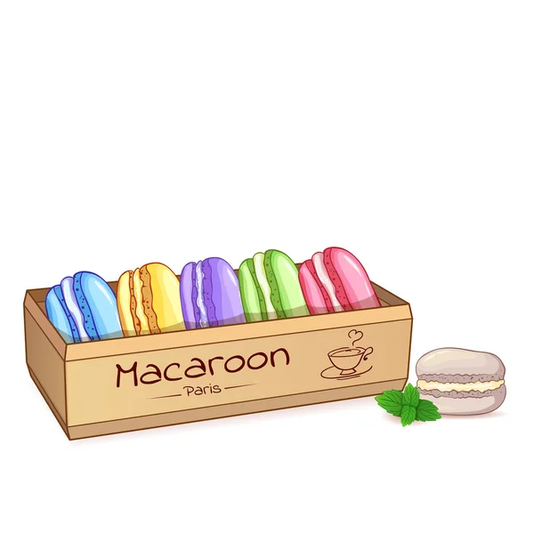 Hermosa ilustración de macarrones de postre francés en una caja elegante — Vector de stock