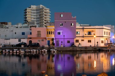 Kasbah duvarı ve eski limanlarda resimli evler olan liman manzarası. Bizerte . Tunus 