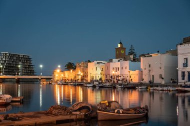 Kasbah duvarı ve eski limanlarda resimli evler olan liman manzarası. Bizerte . Tunus 
