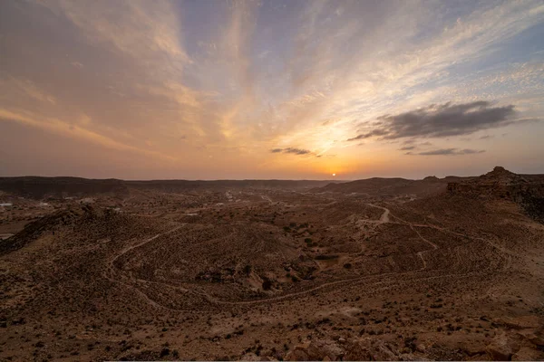 Zachód Słońca Daharze Południowy Region Tunezji — Zdjęcie stockowe