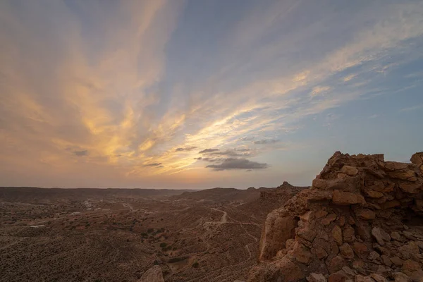 Coucher Soleil Sur Dahar Région Sud Tunisie — Photo